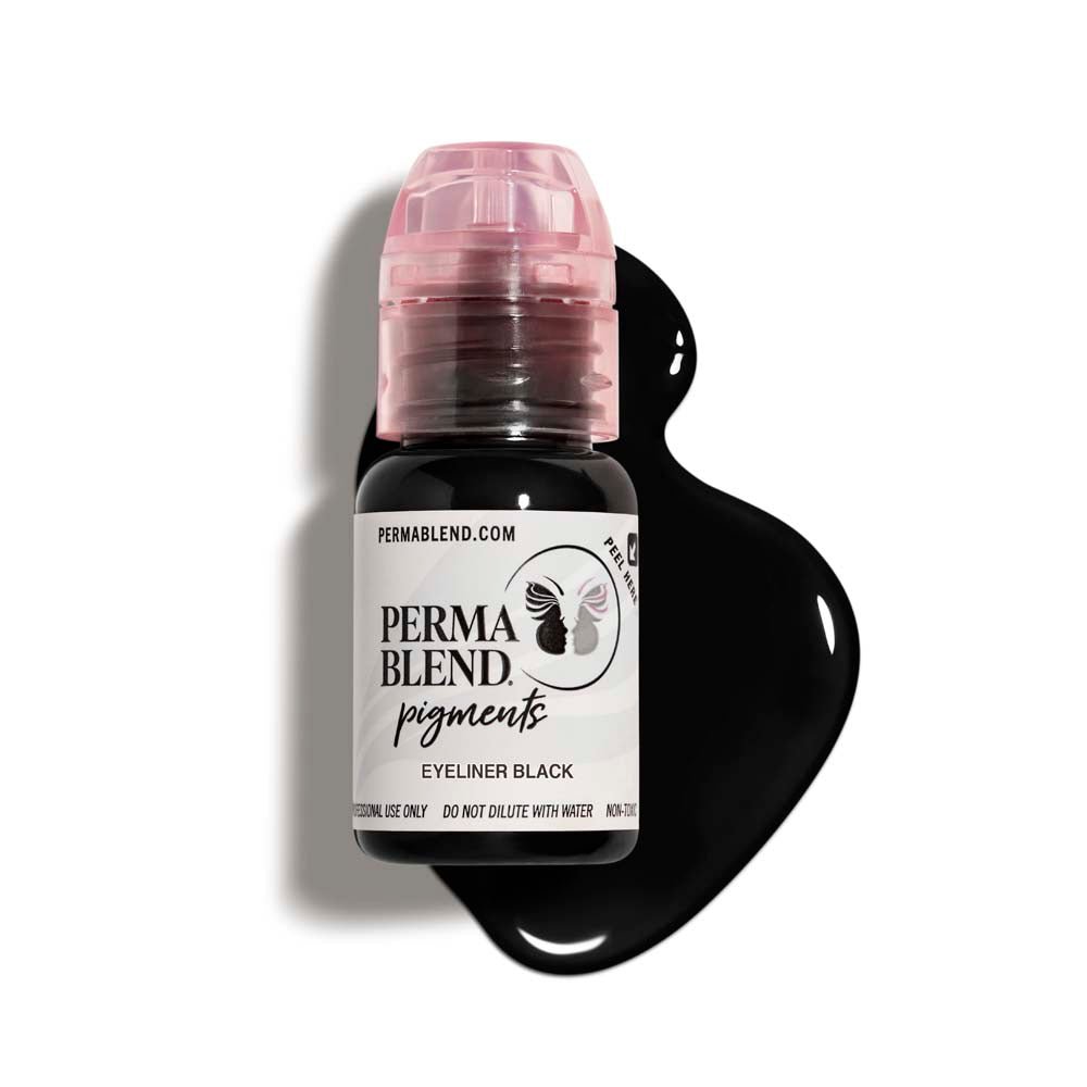 Perma Blend Eyeliner Pigments black liquid bottle with pigment spilled on white surface for permanent makeup.