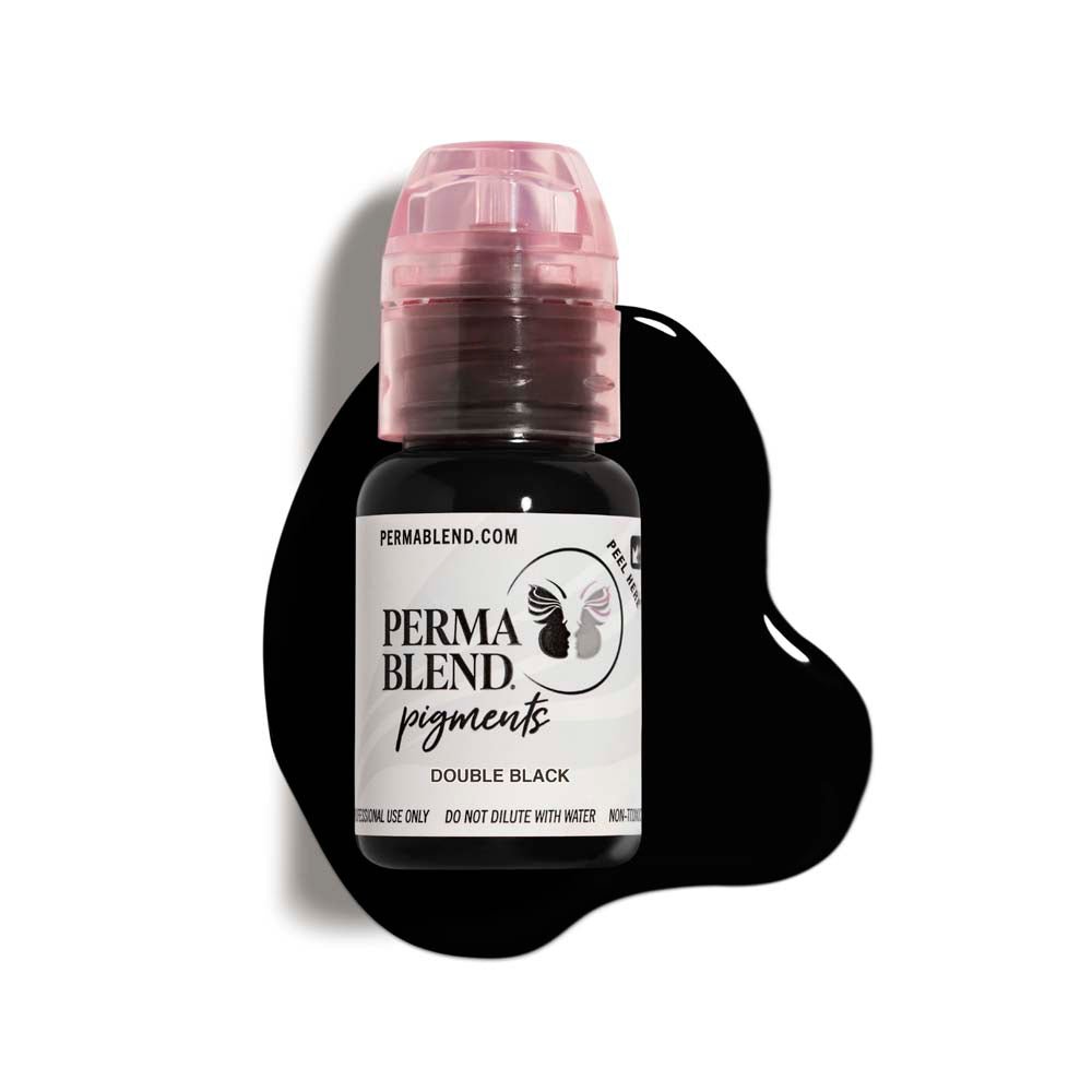 Perma Blend Eyeliner Pigments bottle with black pigment spill, used for permanent makeup and microblading.
