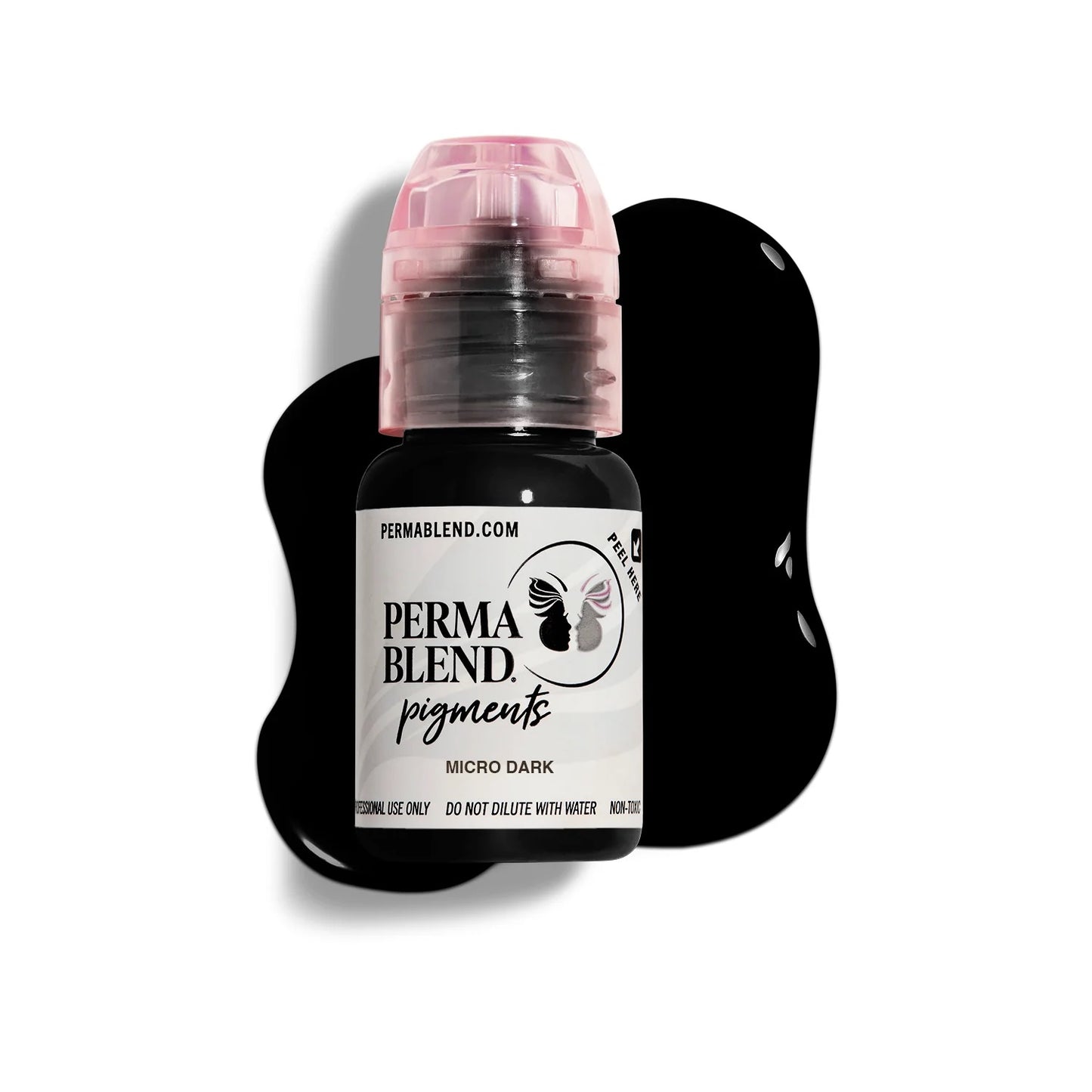 Perma Blend Scalp Pigments bottle with black pigment spill background for micro dark shade permanent makeup use.