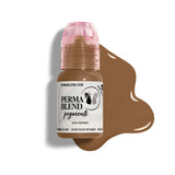 Perma Blend Skin Tone Pigments bottle with brown ash dermis pigment spilled beside it on white background