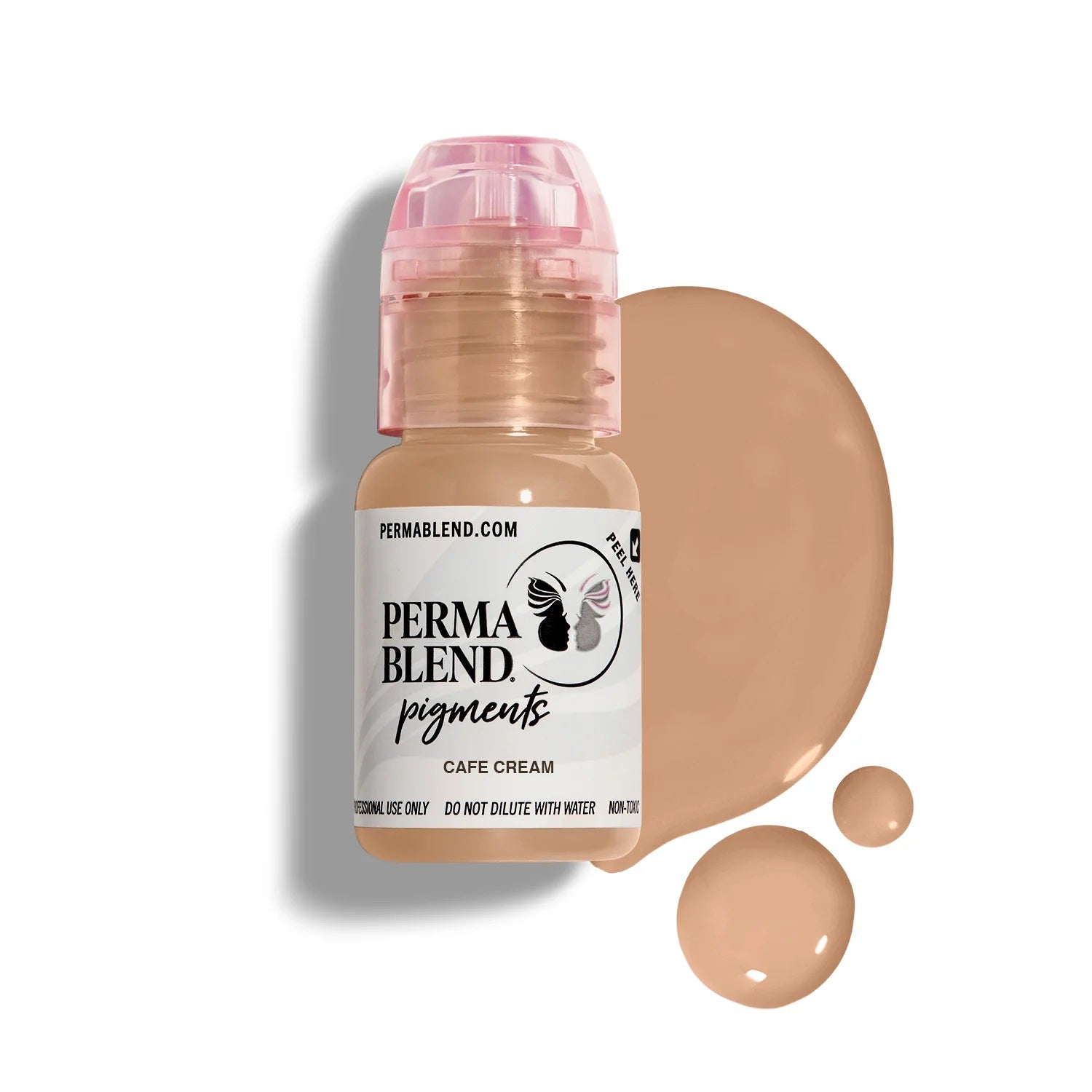 Perma Blend Skin Tone Pigments bottle with cafe cream color swatches for permanent makeup supplies and microblading.