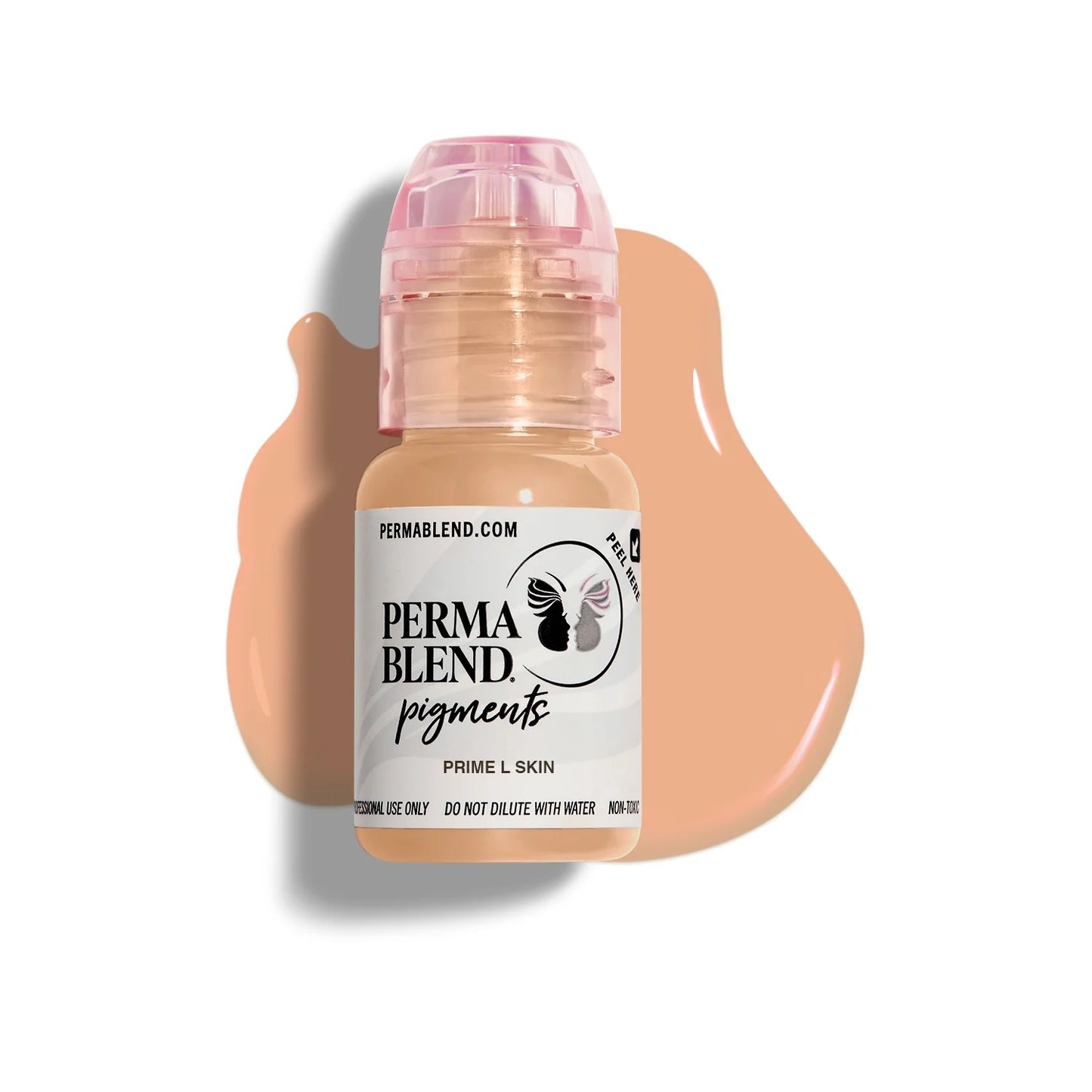 Perma Blend Skin Tone Pigments bottle with liquid skin tone pigment swatch behind on white background