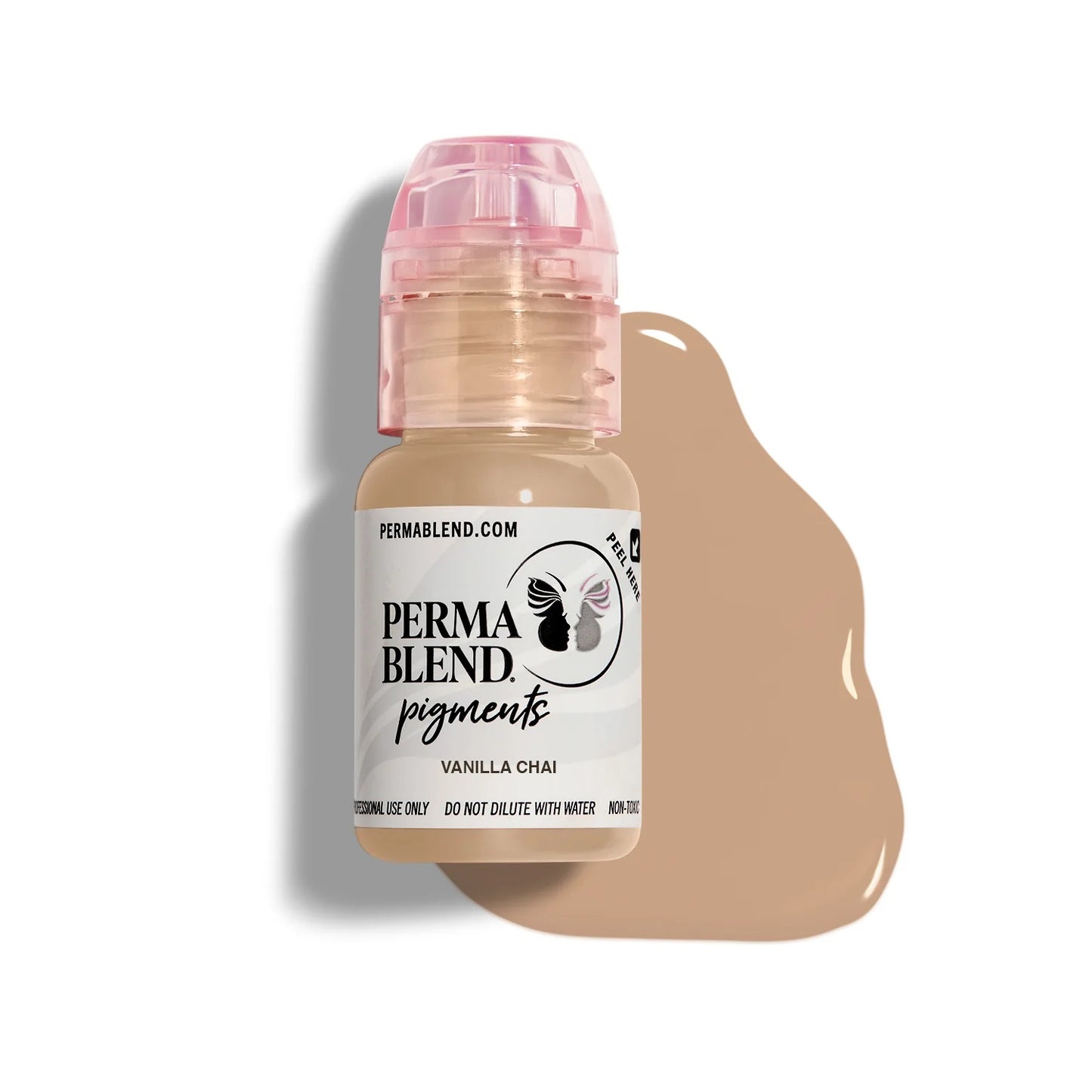 Perma Blend Skin Tone Pigments in vanilla chai shade with pink cap and smooth pigment swatch background