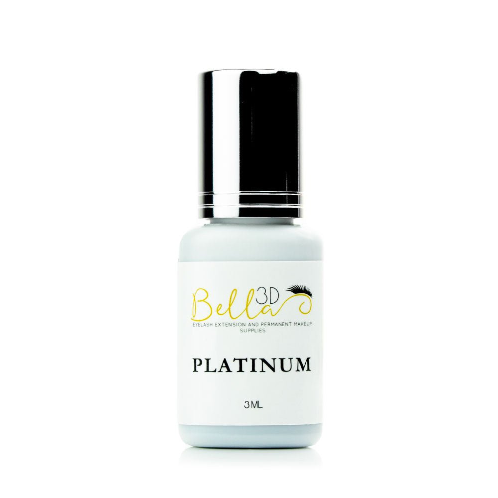 Platinum Adhesive eyelash extension glue bottle with silver cap and white label from Bella 3D brand
