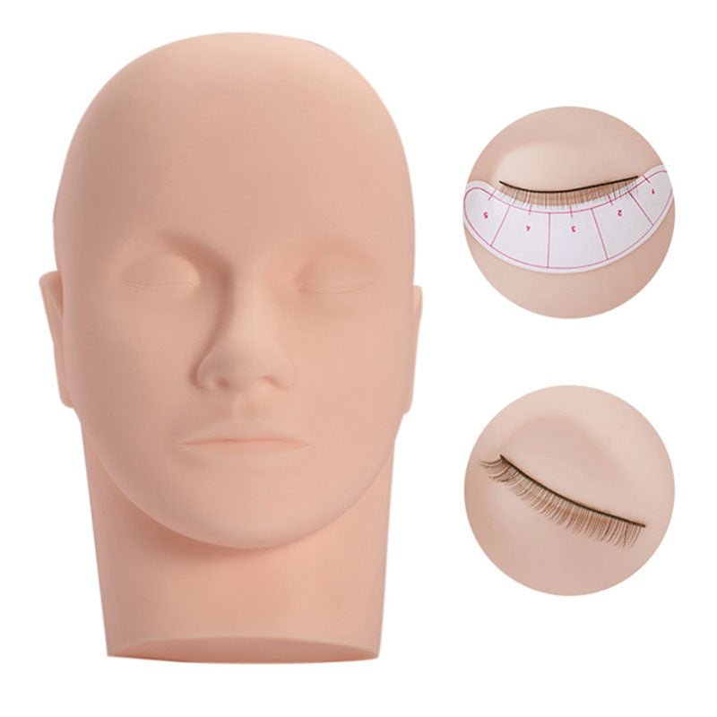 Practice Mannequin Head made for eyelash extension training with detailed eyelashes and eyelash adhesive guide.