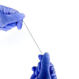 Hands wearing blue gloves holding and stretching a thin black Pre-Inked Mapping String on a white background