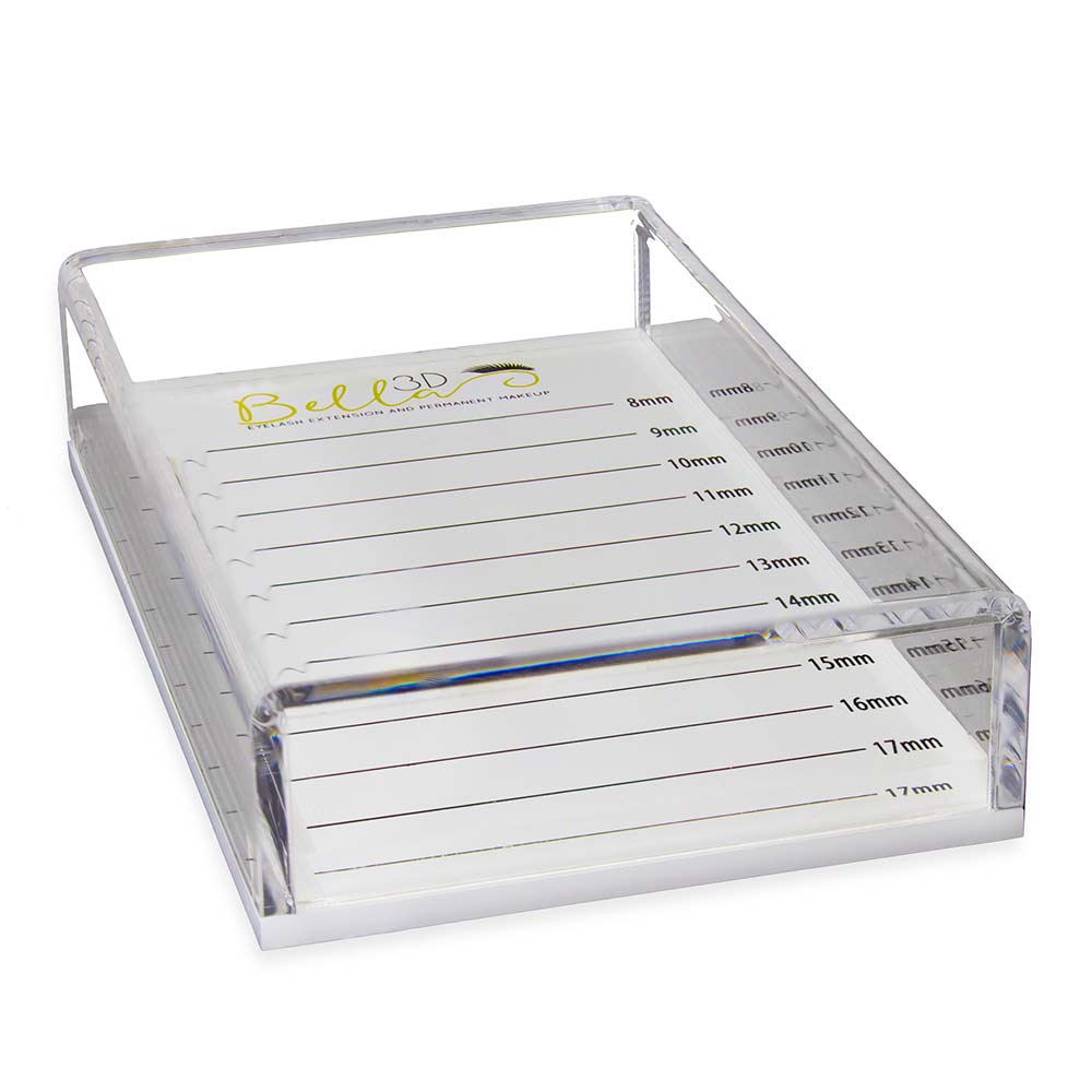 Clear rectangular Protected Acrylic Lash Tile with length measurements for eyelash extension supplies and accessories