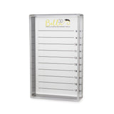 Clear rectangular Protected Acrylic Lash Tile with black measurement lines and Bella 3D logo for eyelash extension use