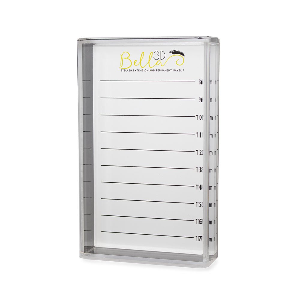 Clear rectangular Protected Acrylic Lash Tile with black measurement lines and Bella 3D logo for eyelash extension use