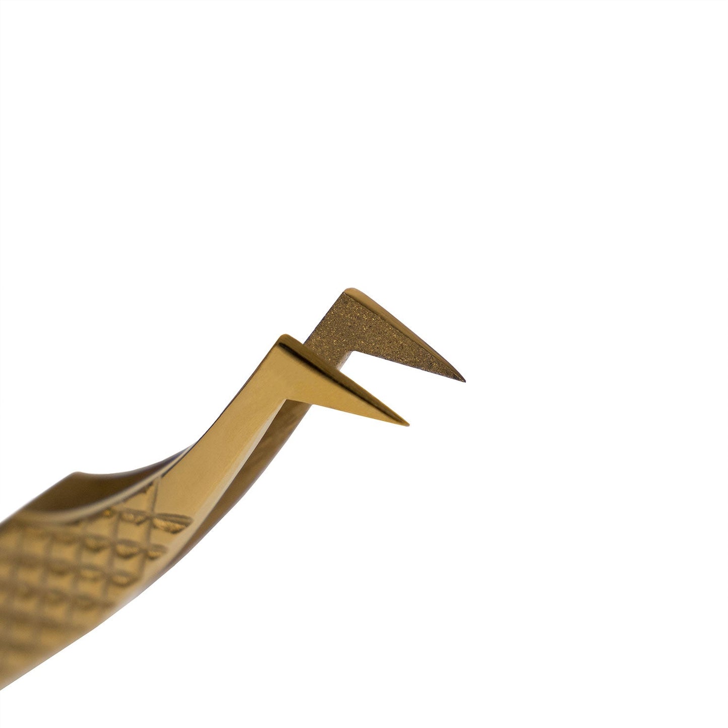 Close-up of gold angled precision tip of SBD FOUR Volume Tweezer for eyelash extension application