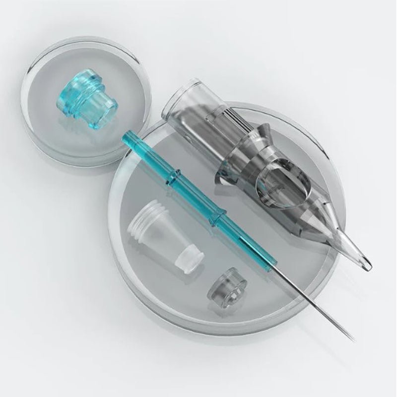 STIGMA Universal PMU Cartridges showing clear and blue tattoo needle components and parts for permanent makeup applications