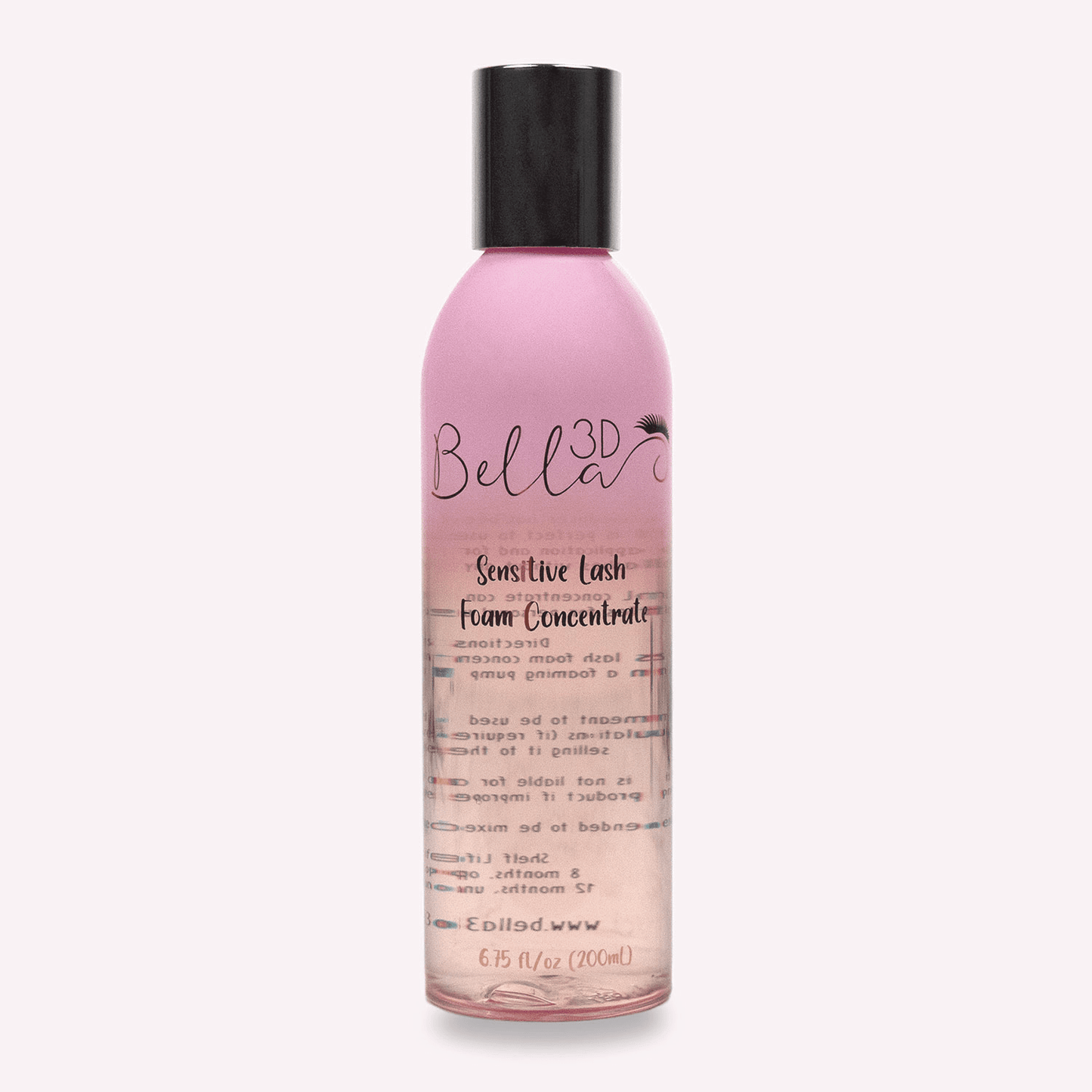 Pink bottle of Sensitive Lash Foam Concentrate by Bella 3D with black cap, used for eyelash extension care and cleaning.