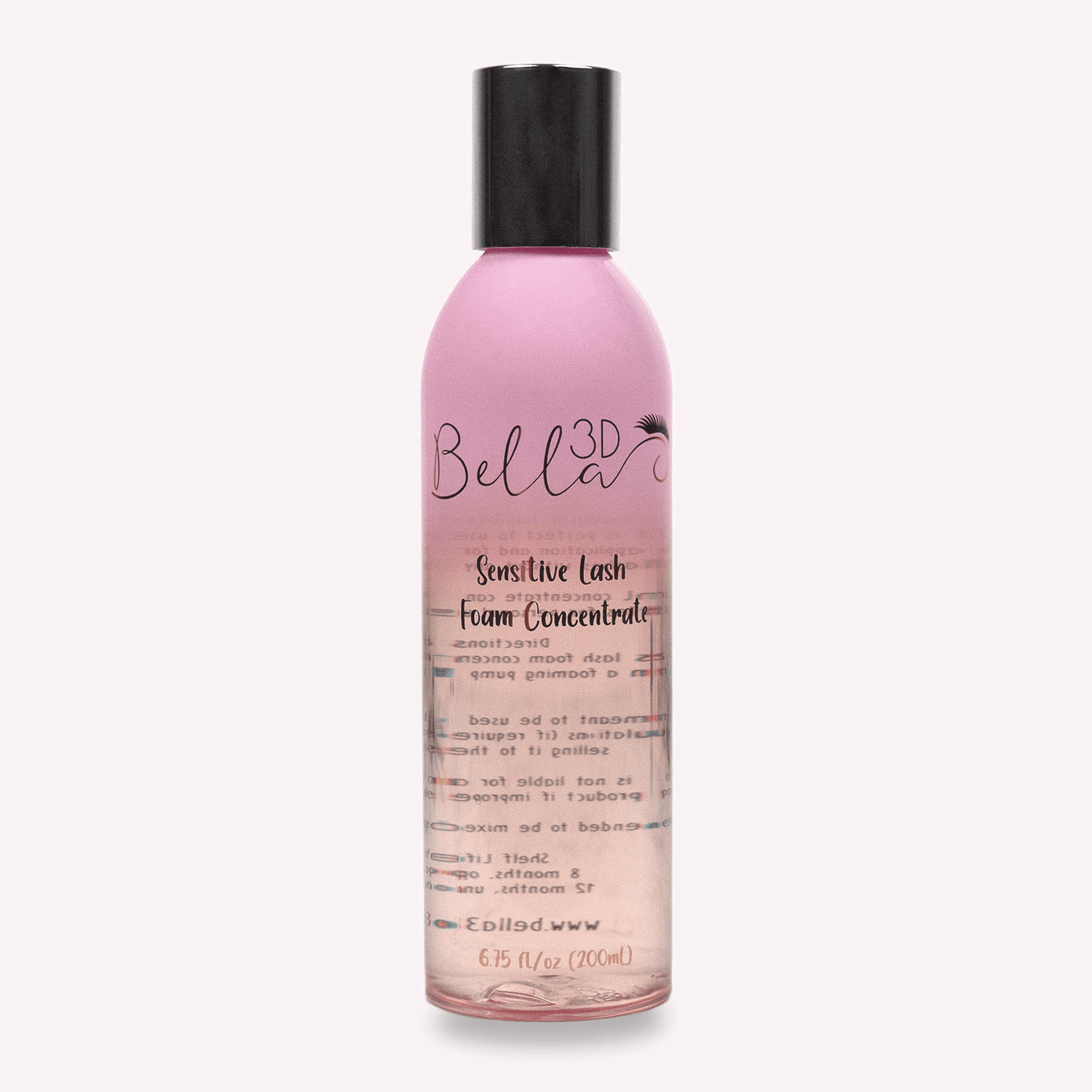Pink bottle of Sensitive Lash Foam Concentrate by Bella 3D with black cap, used for eyelash extension care and cleaning.