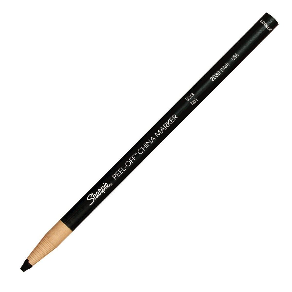 Sharpie® Peel-Off™ China Markers black pencil with sharpened tip and black barrel for marking surfaces in art and crafts.