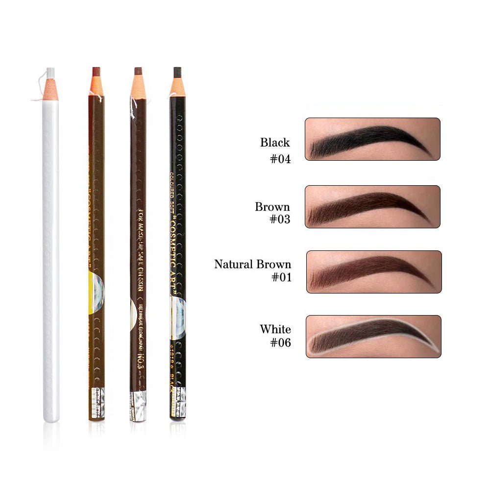 Tear And Pull Eyebrow Pencil set showing four shades with matching eyebrow color swatches on white background