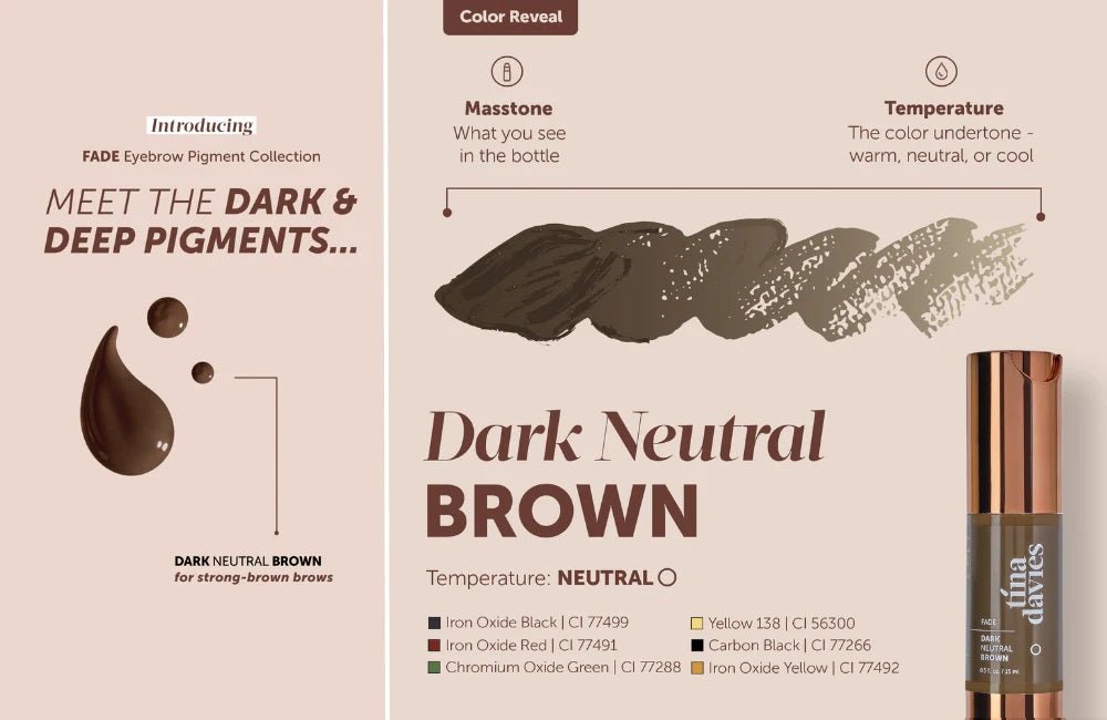 Tina Davies - FADE pigment Collection showing Dark Neutral Brown eyebrow pigment with color swatches and bottle.