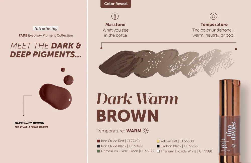 Tina Davies - FADE pigment Collection showing dark warm brown pigment with color temperature and masttone details for microblading.