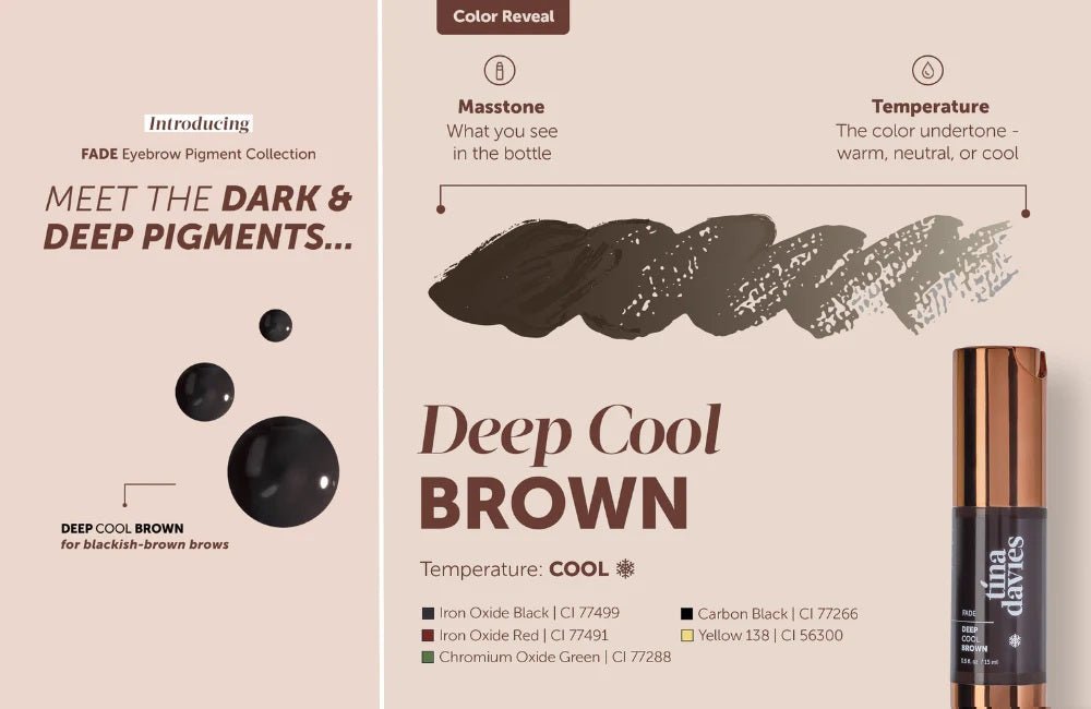 Tina Davies - FADE pigment Collection Deep Cool Brown pigment swatches showing dark, cool-toned brown shades for brows