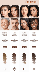 Tina Davies - FADE pigment Collection showing eyebrow pigment shades for different skin tones and hair colors