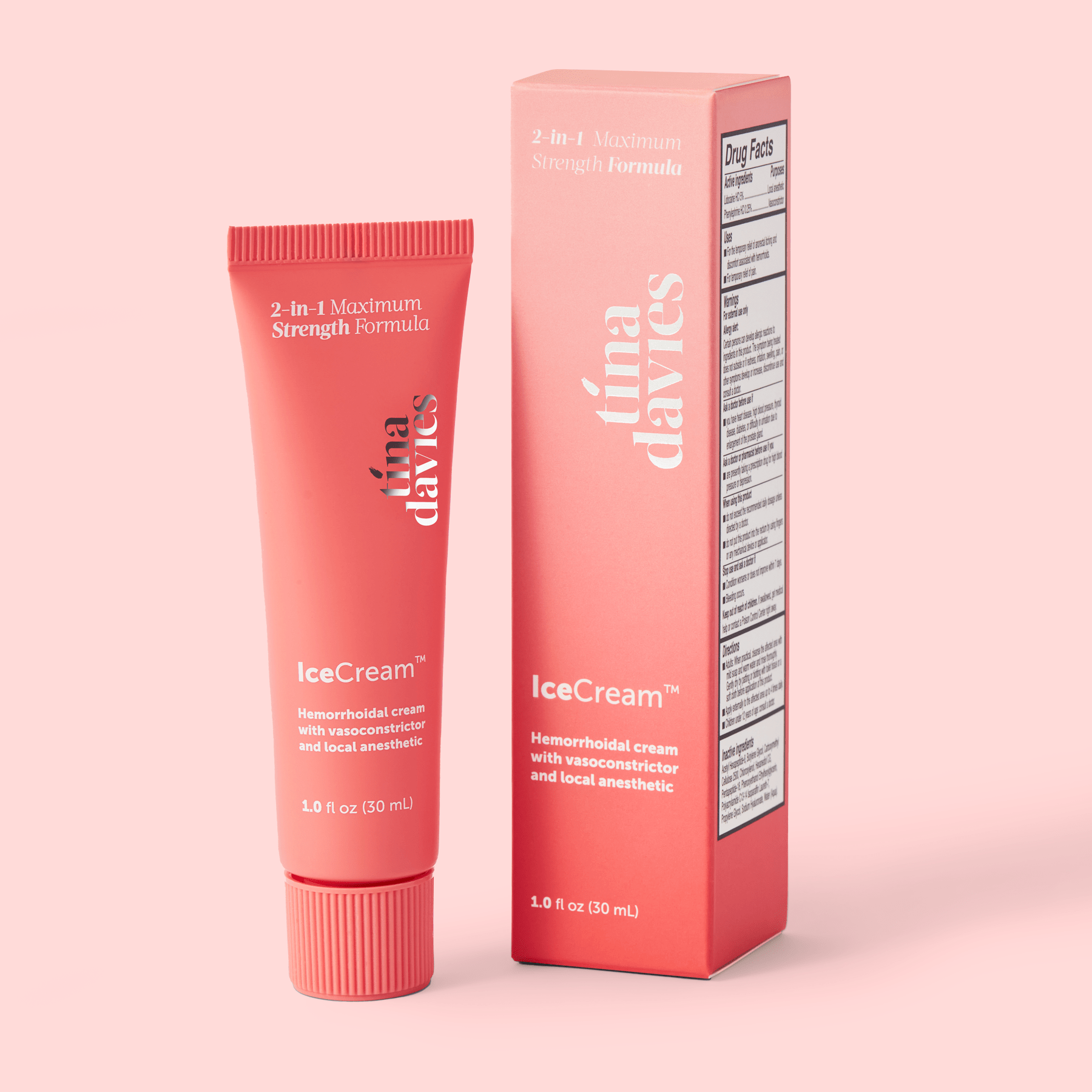 Tina Davies IceCream™ Topical Anesthetic tube and box in coral pink with product details visible on packaging