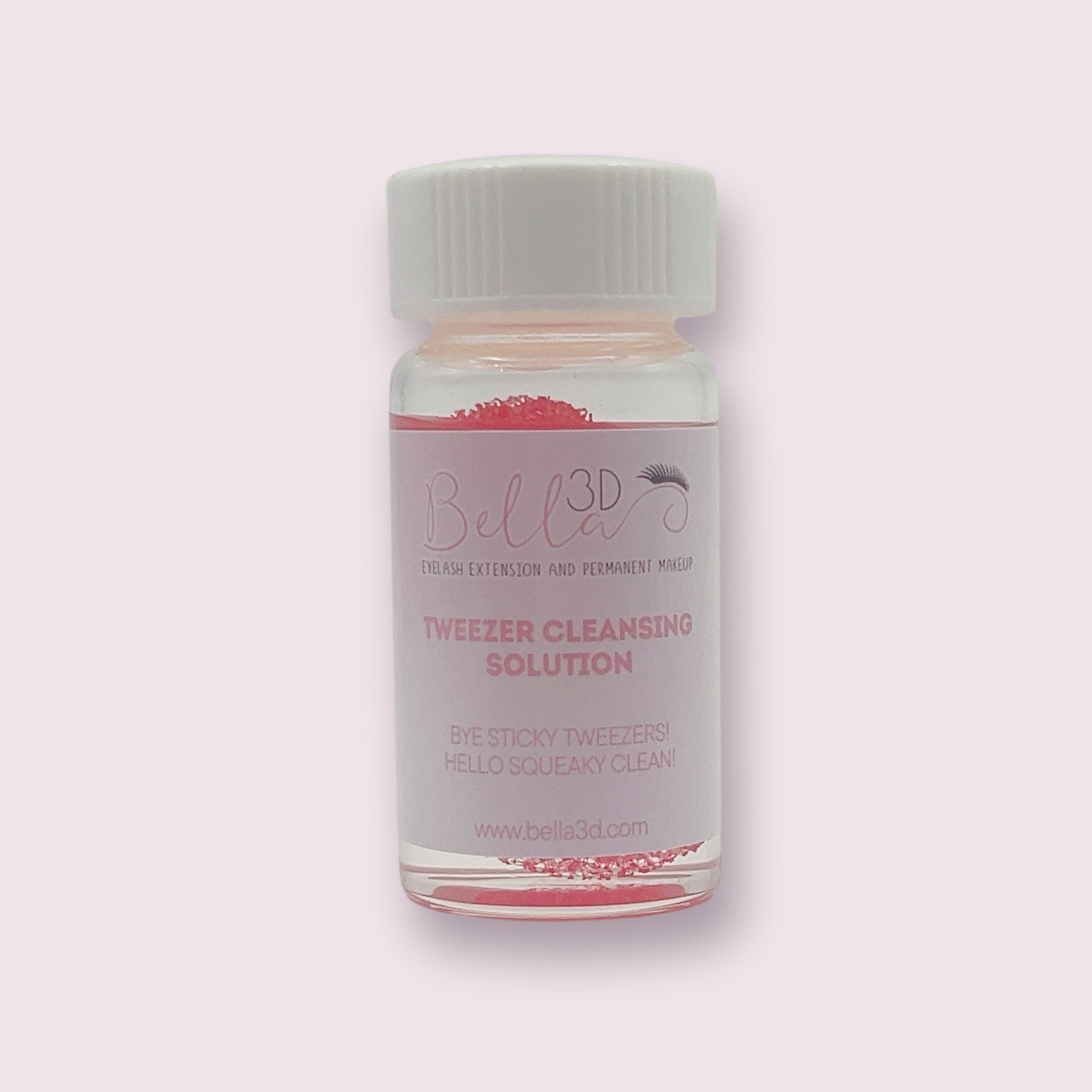 Small clear bottle of Tweezer Cleansing Solution with pink label for cleaning eyelash extension tools
