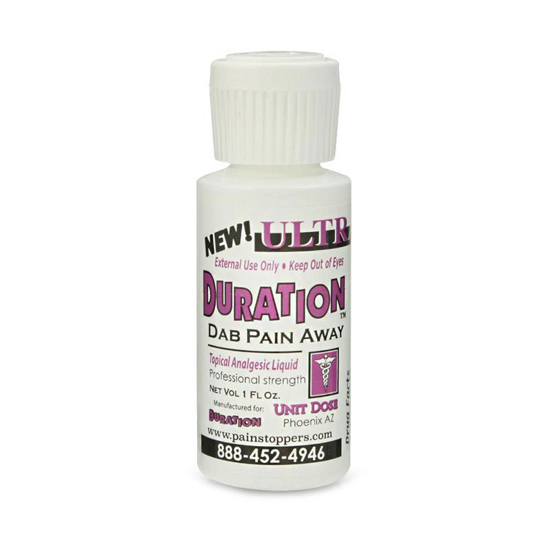 Bottle of Ultra Duration Topical Analgesic Liquid with purple and black text for numbing and pain relief use