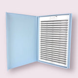 Open blue case with organized rows of Wispy Promade Fans 8D | 0.05 CC eyelash extensions fans for professional use