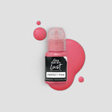 Bottle of Tina Davies Lust Perfect Pink lip pigment with pink swatch on a light gray background